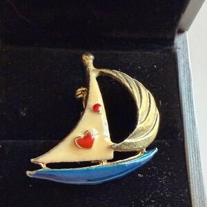 Vintage Sailboat Enamel Pin Brooch with Red Heart Accent